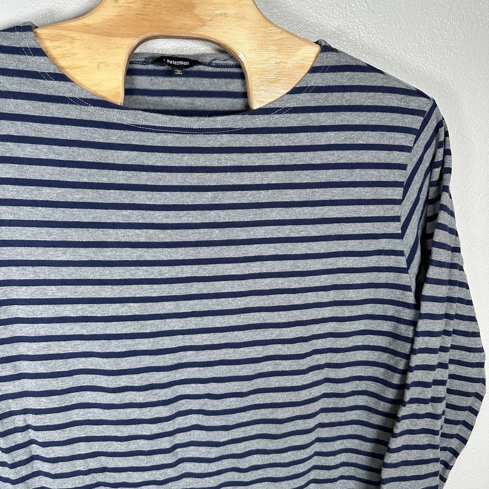 J Peterman Womens XL Gray‎ Blue Striped Long Sleeve Shirt Top Nautical Cotton - Picture 2 of 5